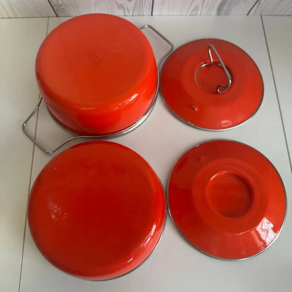 MCM Set of 2 Enamel Bright Red-Orange Lidded Cooking Pots Handle Lid